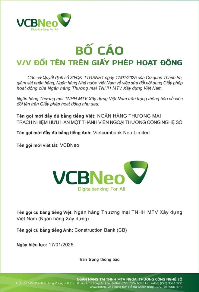 CB thông báo đổi tên thành VCBNeo CB thông báo đổi tên thành VCBNeo