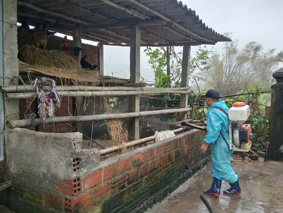 Phun hóa chất khử khuẩn, xử lý môi trường phòng, chống dịch bệnh sau lũ lụt (Ảnh: Trung tâm Kiểm soát bệnh tật tỉnh Gia Lai)