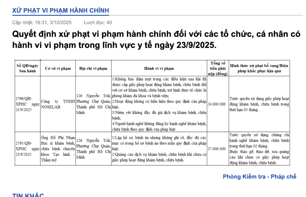 Quyết định xử phạt vi phạm của ông Hồ Phi Nhạn và cơ sở Noselab từ ngày 23/9/2025 vừa được Sở Y tế TP. Hồ Chí Minh công bố công khai