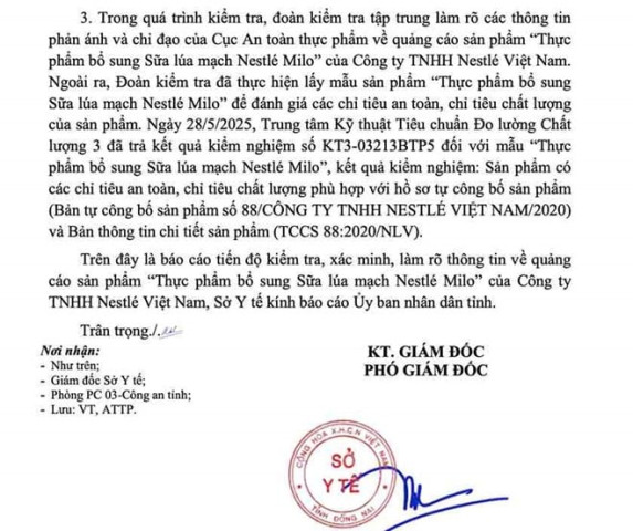 Sở Y tế Đồng Nai báo cáo về vụ quảng cáo sữa lúa mạch Nestlé Milo