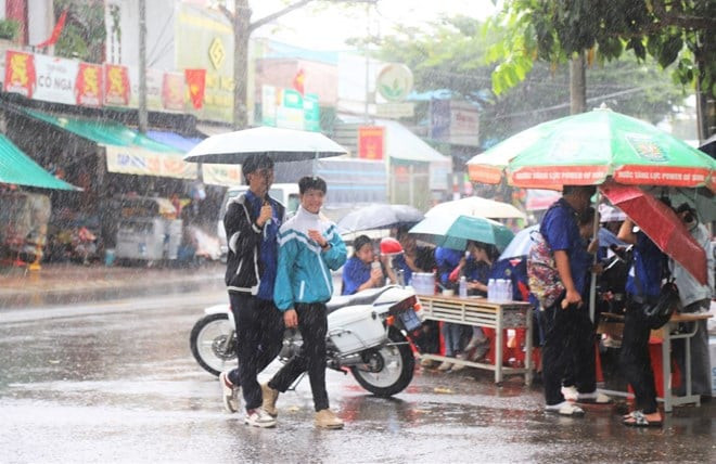 Tình nguyện viên ở Lâm Đồng đội mưa, che ô đưa sĩ tử đến điểm thi